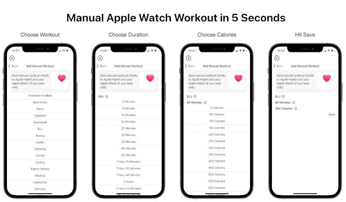 iphone screen shots of functionality showing the 4 steps to log a workout
